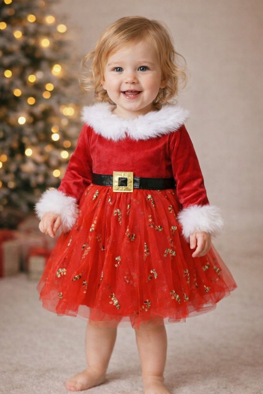 Toddler Girl Christmas Dress Red Long Sleeve Velvet Tulle Fur